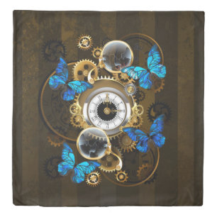 Steampunk Gears and Blue Butterflies Duvet Cover