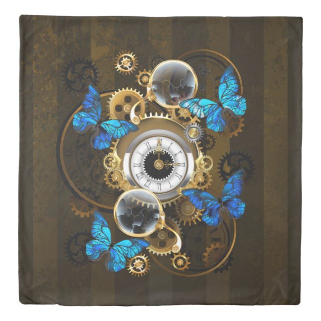 Steampunk Gears and Blue Butterflies Duvet Cover (Front)