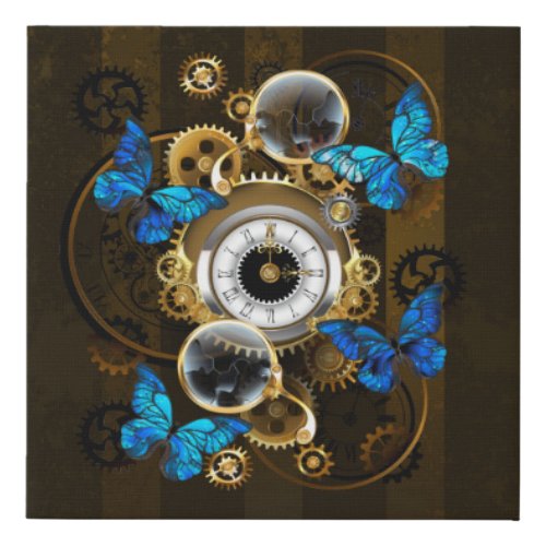 Steampunk Gears and Blue Butterflies Faux Canvas Print