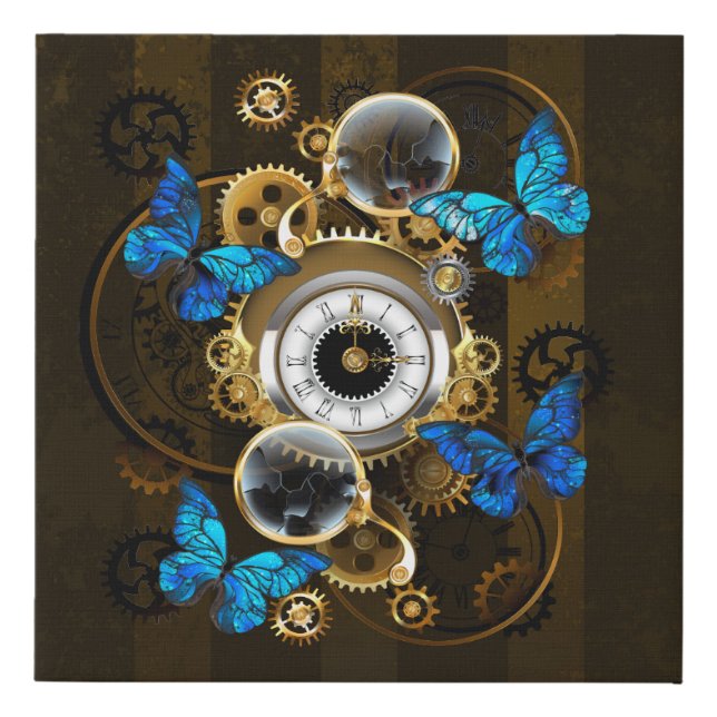 Steampunk Gears and Blue Butterflies Faux Canvas Print (Front)