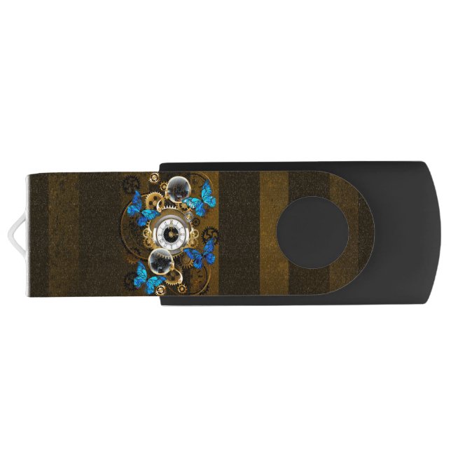 Steampunk Gears and Blue Butterflies Flash Drive (Back)