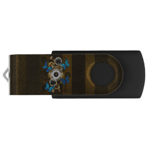 Steampunk Gears and Blue Butterflies Flash Drive