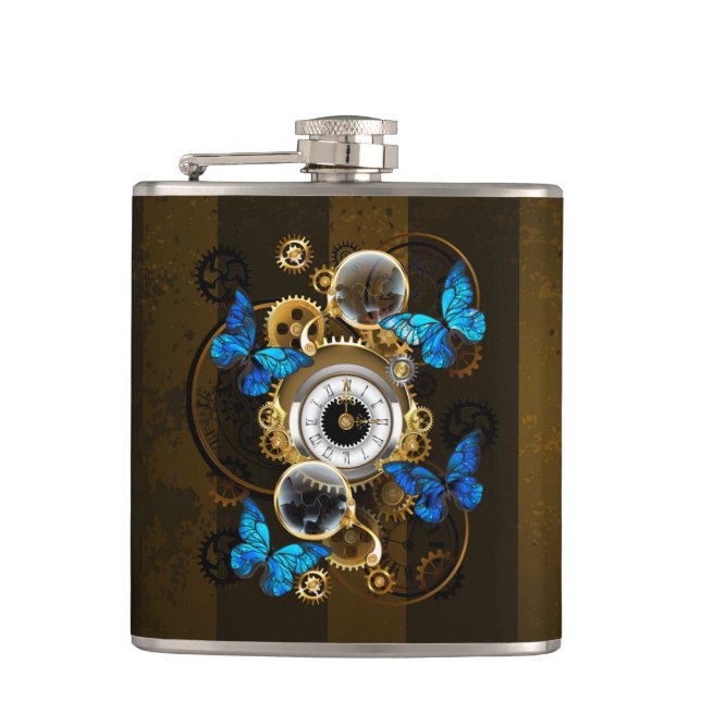 Steampunk Gears and Blue Butterflies Flask (Front)