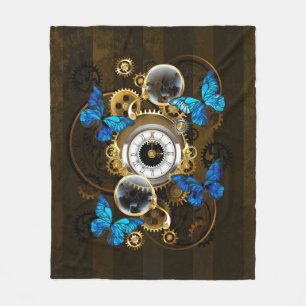 Steampunk Gears and Blue Butterflies Fleece Blanket