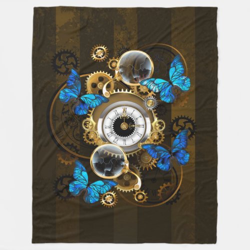 Steampunk Gears and Blue Butterflies Fleece Blanket