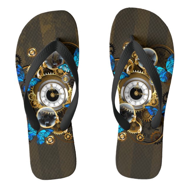 Steampunk Gears and Blue Butterflies Flip Flops (Footbed)