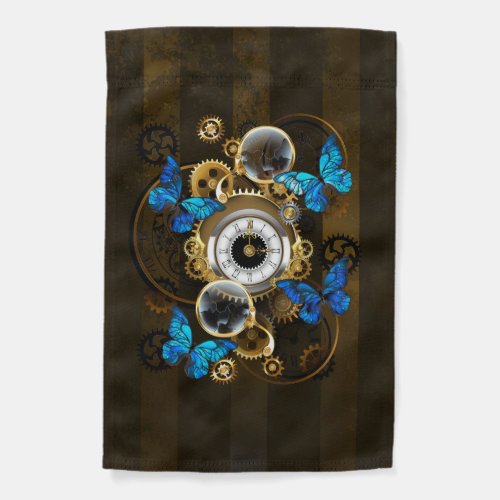 Steampunk Gears and Blue Butterflies Garden Flag