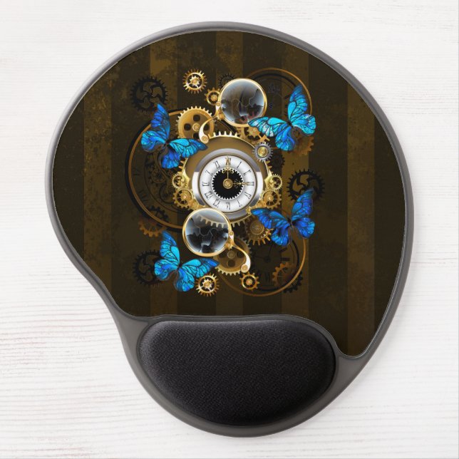 Steampunk Gears and Blue Butterflies Gel Mouse Pad (Front)