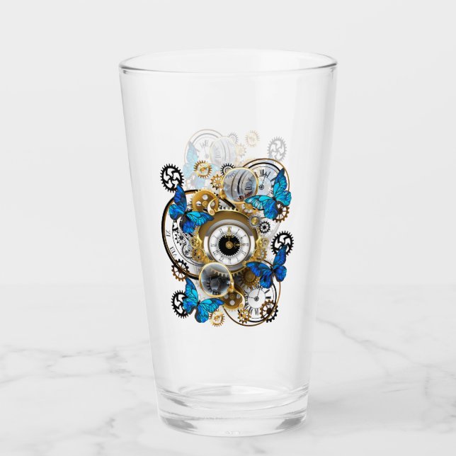 Steampunk Gears and Blue Butterflies Glass (Front)