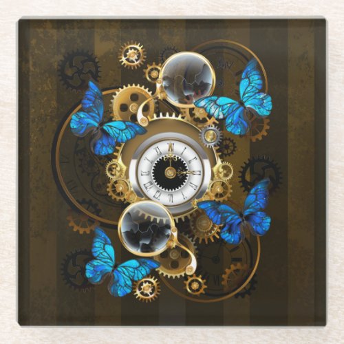 Steampunk Gears and Blue Butterflies Glass Coaster
