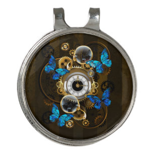 Steampunk Gears and Blue Butterflies Golf Hat Clip