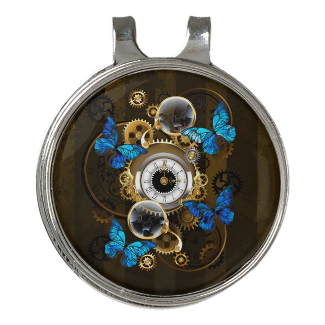 Steampunk Gears and Blue Butterflies Golf Hat Clip (Front)