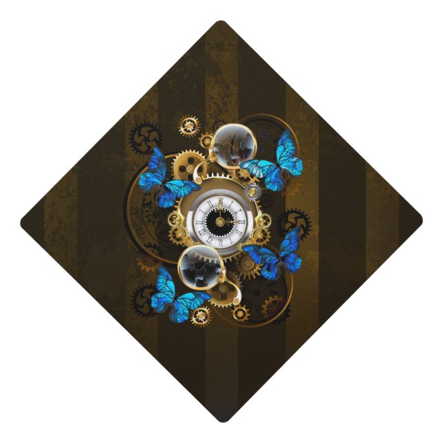 Steampunk Gears and Blue Butterflies Graduation Cap Topper (Front)