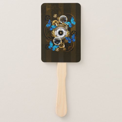 Steampunk Gears and Blue Butterflies Hand Fan