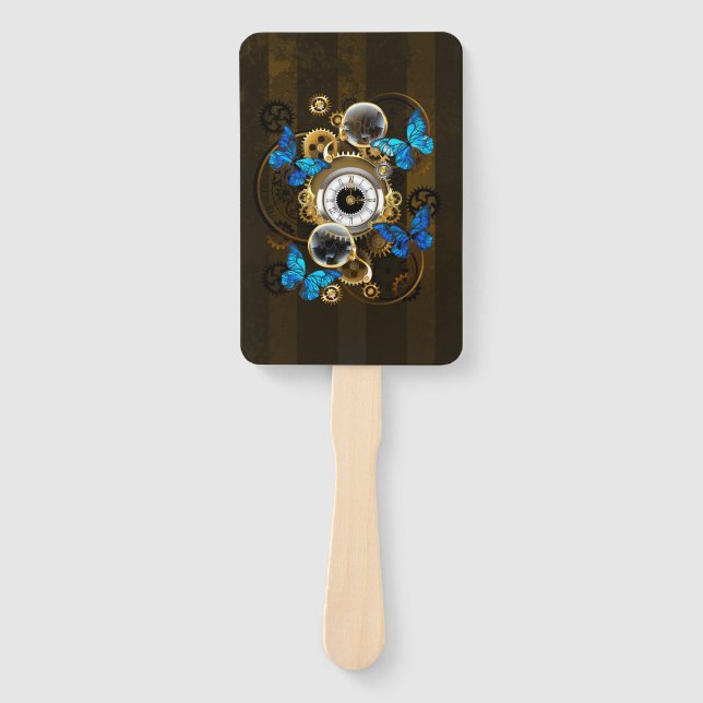 Steampunk Gears and Blue Butterflies Hand Fan (Front)