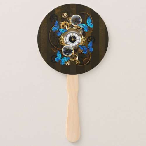 Steampunk Gears and Blue Butterflies Hand Fan