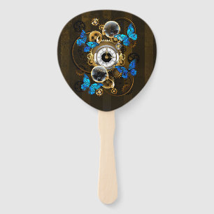 Steampunk Gears and Blue Butterflies Hand Fan