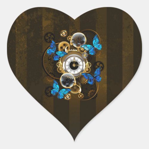 Steampunk Gears and Blue Butterflies Heart Sticker