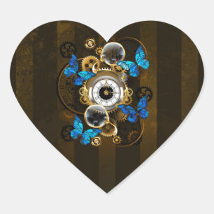 Steampunk Gears and Blue Butterflies Heart Sticker