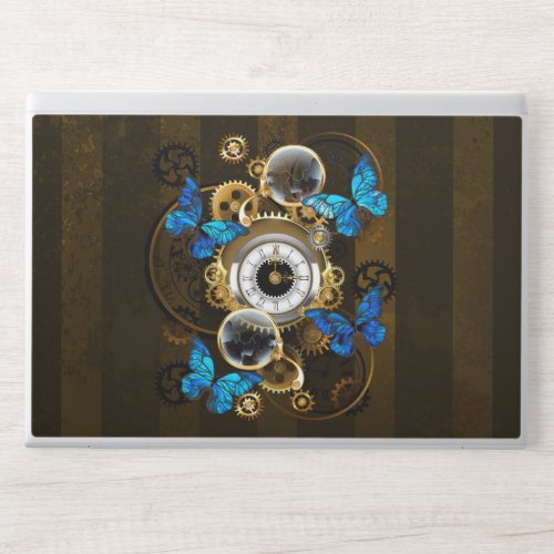 Steampunk Gears and Blue Butterflies HP Laptop Skin