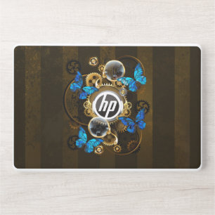 Steampunk Gears and Blue Butterflies HP Laptop Skin
