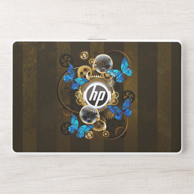 Steampunk Gears and Blue Butterflies HP Laptop Skin (Front)