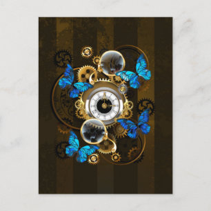 Steampunk Gears and Blue Butterflies Invitation Postcard