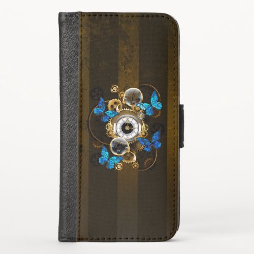 Steampunk Gears and Blue Butterflies iPhone XS Wallet Case