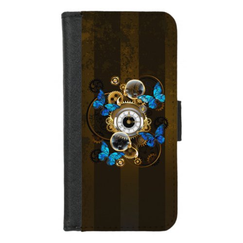 Steampunk Gears and Blue Butterflies iPhone 87 Wallet Case