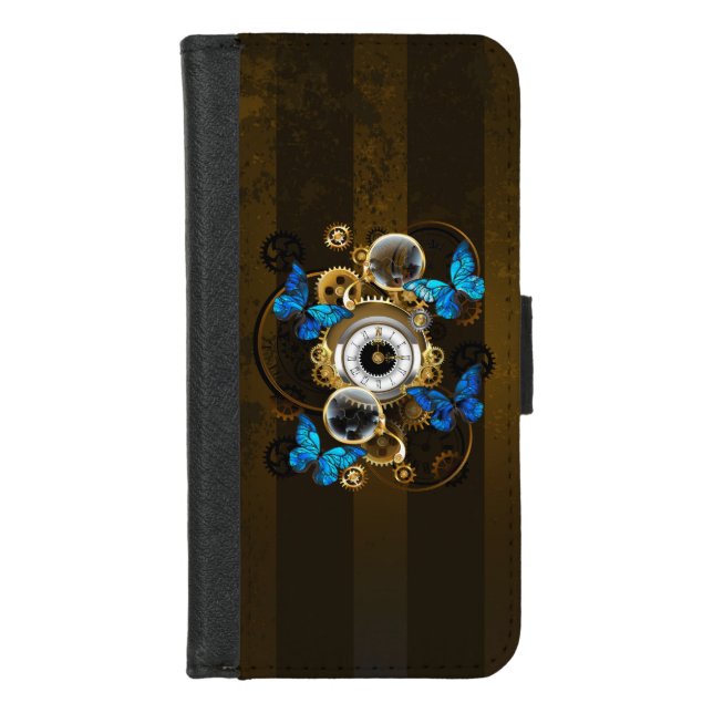 Steampunk Gears and Blue Butterflies iPhone Wallet Case (Front)