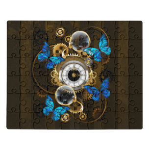 Steampunk Gears and Blue Butterflies Jigsaw Puzzle
