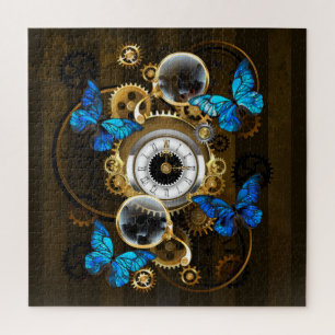 Steampunk Gears and Blue Butterflies Jigsaw Puzzle