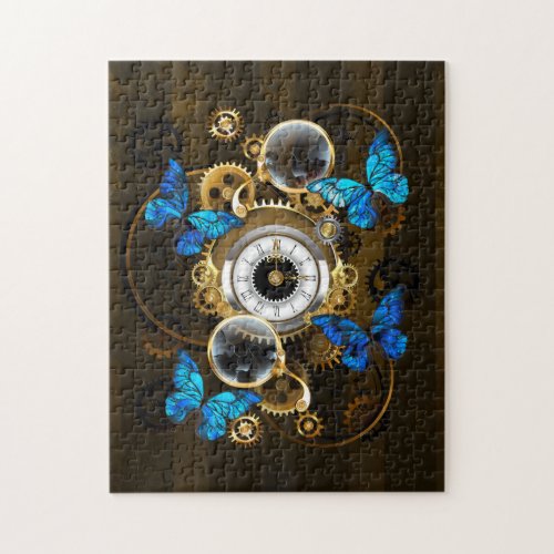 Steampunk Gears and Blue Butterflies Jigsaw Puzzle