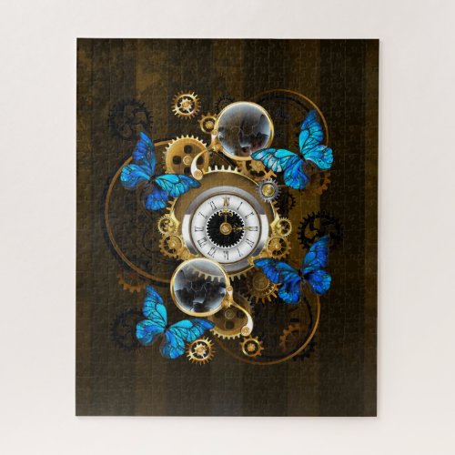 Steampunk Gears and Blue Butterflies Jigsaw Puzzle