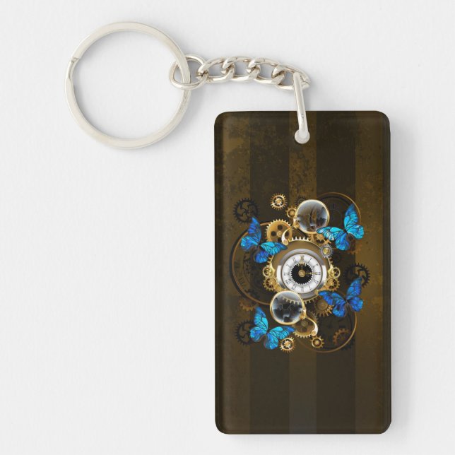 Steampunk Gears and Blue Butterflies Keychain (Front)