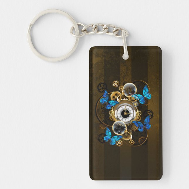Steampunk Gears and Blue Butterflies Keychain (Front)