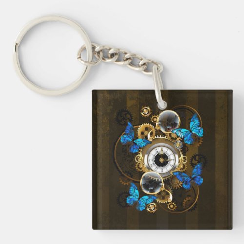 Steampunk Gears and Blue Butterflies Keychain