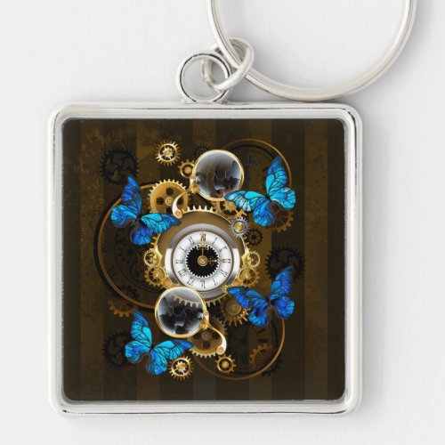 Steampunk Gears and Blue Butterflies Keychain