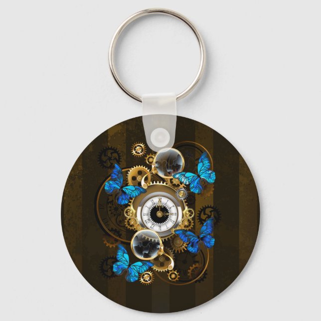 Steampunk Gears and Blue Butterflies Keychain (Front)