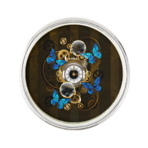 Steampunk Gears and Blue Butterflies Lapel Pin