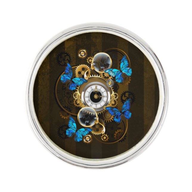 Steampunk Gears and Blue Butterflies Lapel Pin (Front)