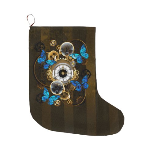 Steampunk Gears and Blue Butterflies Large Christmas Stocking