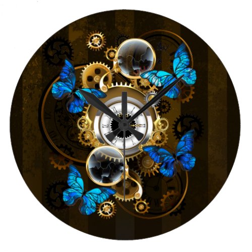 Steampunk Gears and Blue Butterflies Large Clock