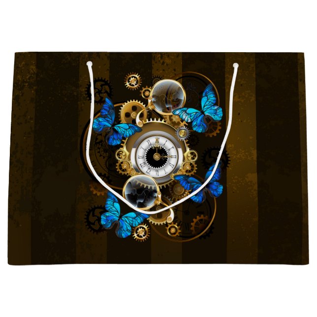 Steampunk Gears and Blue Butterflies Large Gift Bag (Front)