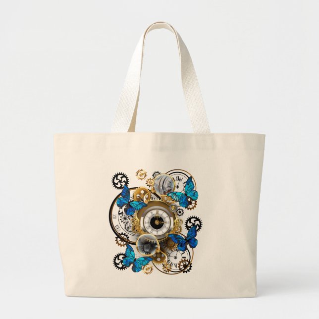 Steampunk Gears and Blue Butterflies Large Tote Bag (Front)