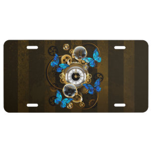 Steampunk Gears and Blue Butterflies License Plate