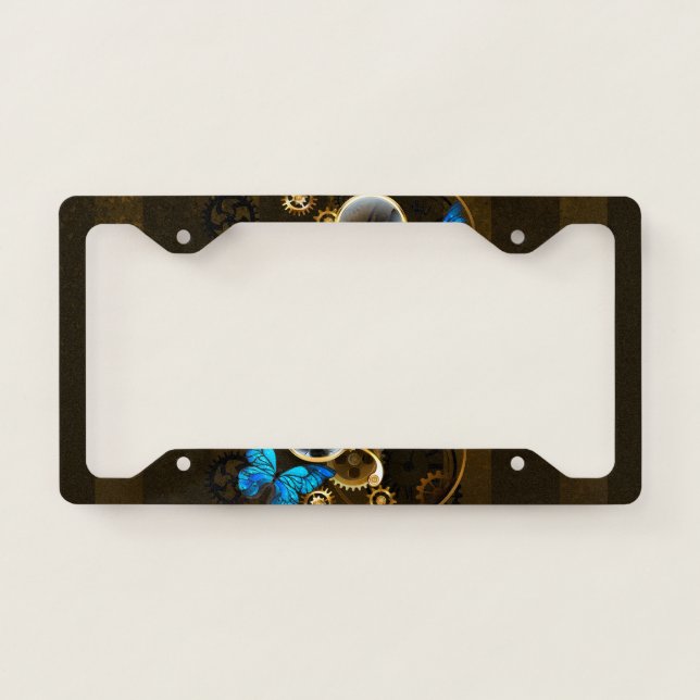 Steampunk Gears and Blue Butterflies License Plate Frame (Front)