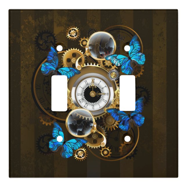 Steampunk Gears and Blue Butterflies Light Switch Cover (Front)
