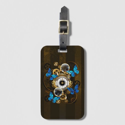 Steampunk Gears and Blue Butterflies Luggage Tag