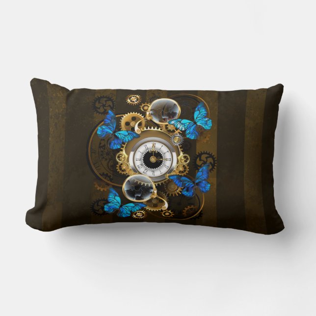 Steampunk Gears and Blue Butterflies Lumbar Pillow (Front)